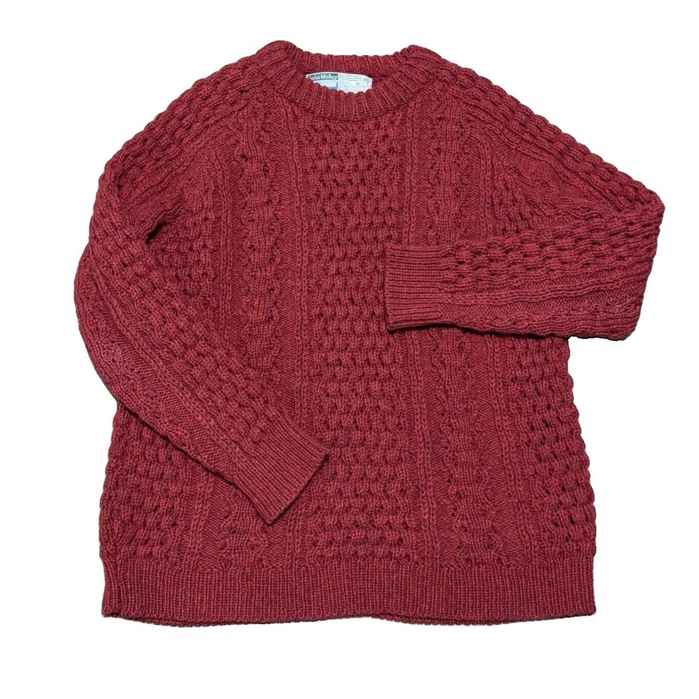 John Molloy Mens L Wool Sweater Red Chunky Cable Knit Fisherman Aran Ireland